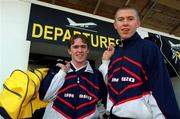 4 March 2001; Shelbourne players Richie Baker, left and Richie Foran pose at Dublin Airport prior to their departure for London, England, where they will both go on trial at Queens Park Rangers. Photo by David Maher/Sportsfile