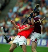10 September 2000; Cork's Kieran Murphy is tackled by Galway's Tony Regan during the All-Ireland Minor Hurling Championship Final between Cork and Galway at Croke Park in Dublin. Photo by Aoife Rice/Sportsfile