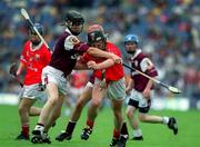 10 September 2000; Conor Brosnan of Cork is tackled by Adrian Diviney of Galway during the All-Ireland Minor Hurling Championship Final between Cork and Galway at Croke Park in Dublin. Photo by Aoife Rice/Sportsfile