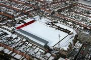 28 February 2001; An aerial view of a snow covered Dalymount Park in Phibsborough, Dublin, home of Bohemians Football Club. Photo by Brendan Moran/Sportsfile