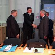5 March 2001; An Taoiseach, Bertie Ahern, T.D., greets FAI Chief Executive Bernard O'Byrne, centre and Michael Hyland, FAI National League President, left, at Government Buildings in Dublin prior to a meeting with the Taoiseach and Government Minsters in relation to the use of Stadium Ireland by the FAI at Abbotstown, Dublin. Photo by Brendan Moran/Sportsfile