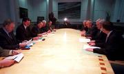 5 March 2001; An Taoiseach, Bertie Ahern, T.D., and Government Ministers meet with a delegation from the Football Association of Ireland, which includes from left, Michael Hyland, FAI National League President, Bernard O'Byrne, FAI Chief Executive, Pat Quigley, FAI President, Brendan Menton, FAI Honorary Treasurer, and FAI Executive member Des Casey at Government Buildings in Dublin in relation to the use of Stadium Ireland by the FAI at Abbotstown in Dublin. Photo by Brendan Moran/Sportsfile