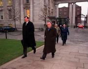 5 March 2001; FAI Chief Executive Bernard O'Byrne, left, and FAI President Pat Quigley lead a FAI delegation into Government Buildings in Dublin, to a second meeting with An Taoiseach, Bertie Ahern, T.D., and Government Minsters, in relation to the use of Stadium Ireland by the FAI in Abbotstown, Dublin. Photo by Brendan Moran/Sportsfile