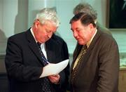 5 March 2001; FAI Honorary Treasurer Brendan Menton, left, and FAI Honorary Secretary Des Casey, prepare for the second meeting with An Taoiseach, Bertie Ahern, T.D., and Government Minsters, at Government Buildings in Dublin, in relation to the use of Stadium Ireland by the FAI in Abbotstown, Dublin. Photo by Brendan Moran/Sportsfile