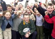 15 January 2001; David Corkery poses with pupils during a visit to Rushbrooke Convent of Mercy National School in Cobh, Cork. Photo by Sportsfile