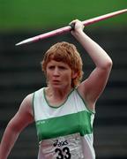 13 July 1997; Una McMahon, Raheny AC, competes in the women's javelin event during the BLÉ National Track & Field Championships at Morton Stadium in Santry, Dublin. Photo by David Maher/Sportsfile