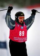9 March 2001; Ireland's Jacinta O'Neill from Glasnevin, Dublin, celebrates as she crosses the finish line in Division F09 of the Novice Giant Slalom Final during the 2001 Special Olympics World Winter Games at the Alyeska Ski Resort in Anchorage, Alaska, USA. Photo by Ray McManus/Sportsfile