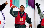9 March 2001; Ireland's Warren Tate, from Stillorgan, Dublin, celebrates after winning Division M03 of the Novice Giant Slalom Final during the 2001 Special Olympics World Winter Games at the Alyeska Ski Resort in Anchorage, Alaska, USA. Photo by Ray McManus/Sportsfile