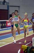 9 March 2001; Ireland's Sonia O'Sullivan (627) crosses the line to win her heat of the Women's 3000 metres ahead of Romania's Gabriela Szabo (700) during the World Indoor Athletics Championships at the Athletic Pavillion in Lisbon, Portugal. Photo by Brendan Moran/Sportsfile