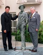 9 March 2001; Padraig Harrington poses at a sculpture of James Joyce with Dr. Tim Mahony, Chairman, Mount Juliet, at the announcement of his continuation as Mount Juliet's touring professional, at the Merrion Hotel in Dublin. Photo by Damien Eagers/Sportsfile