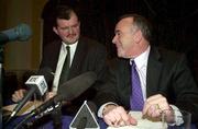 9 March 2001; Bernard O'Byrne, FAI Chief Executive, and Pat Quigley, FAI President, during a press conference at the Green Isle Hotel in Dublin, following a FAI Senior Council Meeting where it had been agreed to scrap eircom Park, in favour of the Government's Stadium Ireland. Photo by David Maher/Sportsfile