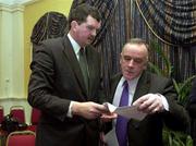 9 March 2001; Bernard O'Byrne, FAI Chief Executive, and Pat Quigley, FAI President, following a press conference at the Green Isle Hotel in Dublin, following a FAI Senior Council Meeting where it had been agreed to scrap eircom Park, in favour of the Government's Stadium Ireland. Photo by David Maher/Sportsfile
