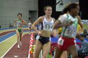 10 March 2001; Ireland's Sonia O'Sullivan (627) trails the field, including Romania's Gabriela Szabo (700) and eventual winner Russia's Olga Yegorova (729), in the final of the Women's 3000m event during the World Indoor Athletics Championships at the Athletic Pavillion in Lisbon, Portugal. Photo by Brendan Moran/Sportsfile