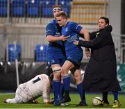 22 January 2016; Steve Crosbie is congratulated by team-mates Oisin Heffernan, left, and Charlie Rock, right, after scoring his side's third try. British & Irish Cup, Pool 1, Leinster A v Rotherham Titans. Donnybrook Stadium, Donnybrook, Dublin. Picture credit: Stephen McCarthy / SPORTSFILE