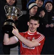 22 January 2016; Cork captain Daniel Goulding lifts the McGrath cup. McGrath Cup Football Final, Cork v Clare, Mallow GAA Complex, Mallow, Co. Cork. Picture credit: David Maher / SPORTSFILE