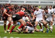 23 January 2016; Paul Marshall, Ulster, is tackled close to the try line. European Rugby Champions Cup, Pool 1, Round 6, Ulster v Oyonnax, Kingspan Stadium, Ravenhill Park, Belfast, Co. Antrim. Picture credit: Oliver McVeigh / SPORTSFILE