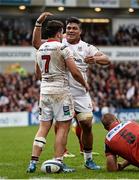 23 January 2016; Sean Reidy, Ulster, celebrates with Nick Williams after he dived over for his side's fourth and bonus point try. European Rugby Champions Cup, Pool 1, Round 6, Ulster v Oyonnax, Kingspan Stadium, Ravenhill Park, Belfast, Co. Antrim. Picture credit: Oliver McVeigh / SPORTSFILE