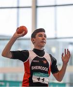 23 January 2016; Dylan Browne, Shercock A.C., competing in the shot putt during the Boys U15 Pentathlon at the GloHealth Combined National Indoor Championships. AIT International Arena, Athlone, Co. Westmeath. Picture credit: Sam Barnes / SPORTSFILE