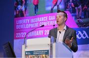 23 January 2016; Fionn Fitzgerald, Kerry senior footballer, speaking at the Liberty Insurance GAA Annual Games Development Conference 2016. The theme of the conference was 'The Coach, The Player, The Game: Building Connections'. A range of speakers addressed issues related to the coaching and playing of gaelic games at adult level’. Croke Park, Dublin. Picture credit: Piaras Ó Mídheach / SPORTSFILE