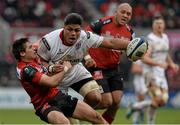 23 January 2016; Nick Williams, Ulster, is tackled by Julien Blanc, Oyonnax. European Rugby Champions Cup, Pool 1, Round 6, Ulster v Oyonnax, Kingspan Stadium, Ravenhill Park, Belfast, Co. Antrim. Picture credit: Oliver McVeigh / SPORTSFILE