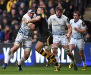 23 January 2016; Rhys Ruddock, Leinster, is tackled by Jimmy Gopperth, Wasps. European Rugby Champions Cup, Pool 5, Round 6, Wasps v Leinster. Ricoh Arena, Coventry, England. Picture credit: Stephen McCarthy / SPORTSFILE