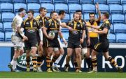 23 January 2016; Jimmy Gopperth, Wasps, is congratulated after scoring his side's first try. European Rugby Champions Cup, Pool 5, Round 6, Wasps v Leinster. Ricoh Arena, Coventry, England. Picture credit: Stephen McCarthy / SPORTSFILE