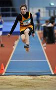23 January 2016; Hugh Collins, Leevale A.C., competing in the long jump during the Boys U14 Pentathlon  at the GloHealth Combined National Indoor Championships. AIT International Arena, Athlone, Co. Westmeath. Picture credit: Sam Barnes / SPORTSFILE