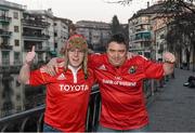 23 January 2016; Munster supporter Mark Brislane, from Cratloe, Co. Clare, left, and Rafael Sablong, from Alsace, France, in Treviso ahead of tomorrow's Benetton Treviso v Munster, European Rugby Champions Cup, Pool 4, Round 6, clash. Treviso, Italy. Picture credit: Diarmuid Greene / SPORTSFILE