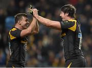 23 January 2016; James Gaskell, right, and Brendan Macken, Wasps, celebrate their victory. European Rugby Champions Cup, Pool 5, Round 6, Wasps v Leinster. Ricoh Arena, Coventry, England. Picture credit: Stephen McCarthy / SPORTSFILE