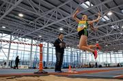 23 January 2016; Bevan McCaffery, Annalee A.C., competing in the long jump during the Girls U15 Pentathlon at the GloHealth Combined National Indoor Championships. AIT International Arena, Athlone, Co. Westmeath. Picture credit: Sam Barnes / SPORTSFILE