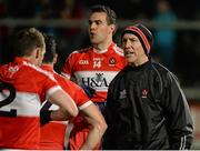 23 January 2016; Damian Barton, Derry manager speaks with his players before the game. Bank of Ireland Dr McKenna Cup Final, Tyrone v Derry, Athletic Grounds, Armagh. Picture credit: Oliver McVeigh / SPORTSFILE