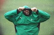 4 November 2009; Flanker Stephen Ferris shelters from the heavy rain during Ireland rugby squad training. University of Limerick, Limerick. Picture credit: Brendan Moran / SPORTSFILE