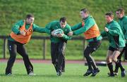 4 November 2009; Wing Tommy Bowe in action against, from left, Darren Cave, Brian O'Driscoll, Ronan O'Gara and Gavin Duffy during Ireland rugby squad training. University of Limerick, Limerick. Picture credit: Brendan Moran / SPORTSFILE