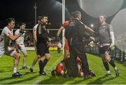 23 January 2016; Derry Manager, Damian Barton confronts Niall Morgan, Tyrone in an incident near the end of the game before Cathal McCarron, Tyrone pushes him to the ground which saw Referee, Noel Mooney sending them both to the line. Dr McKenna Cup Final, Tyrone v Derry, Athletic Grounds, Armagh Picture credit: Oliver McVeigh / SPORTSFILE