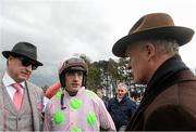 24 January 2016; Trainer Willie Mullins, right, owner Rich Ricci, left, and jockey Ruby Walsh after Faugheen won the BHP Insurances Irish Champion Hurdle. Leopardstown Racecourse, Leopardstown, Co. Dublin. Photo by Sportsfile