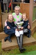 24 January 2016; Jockey Ruby Walsh with his daughters Isabella, left, and Elsa, after winning the BHP Insurances Irish Champion Hurdle aboard Faugheen. Leopardstown Racecourse, Leopardstown, Co. Dublin. Photo by Sportsfile
