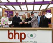 24 January 2016; The presentation for the BHP Insurances Irish Champion Hurdle after Faugheen won, including jockey Ruby Walsh, owner Rich Ricci and trainer Willie Mullins with connections. Leopardstown Racecourse, Leopardstown, Co. Dublin. Picture credit: Ramsey Cardy / SPORTSFILE
