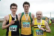 24 January 2016; Winner of the Men's Intermediate 8000m race Cian O'Reilly, centre, Annalee AC, Co.Cavan, with second placed Thomas Moran, left, Dunshaughlin AC, Co.Meath and third placed Mark McKinstry, right, North Belfast Harriers AC. The GloHealth National Master, Intermediate, Juvenile B & Juvenile Inter County Relay. Dundalk IT, Dundalk, Co. Louth. Picture credit: Tomás Greally / SPORTSFILE