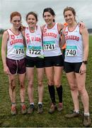 24 January 2016; Winner of the Women's Intermediate 5000m race, Marie Hyland,1722, Crusaders AC, Dublin, with her team mates, Gemma Reddin, left, Ilona McElroy, 1741, and Aoife O'Connell, right. The GloHealth National Master, Intermediate, Juvenile B & Juvenile Inter County Relay. Dundalk IT, Dundalk, Co. Louth. Picture credit: Tomás Greally / SPORTSFILE