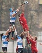 24 January 2016; Dave Foley, Munster, contests a lineout with Abraham Jurgens Steyn, Benetton Treviso. European Rugby Champions Cup, Pool 4, Round 6, Benetton Treviso v Munster. Stadio Comunale di Monigo, Treviso, Italy. Picture credit: Diarmuid Greene / SPORTSFILE