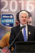 25 January 2016; In attendance at the launch of the 2016 Allianz Football Leagues is Uachtarán Chumann Lúthchleas Gael Aogán Ó Fearghail. The season marks a special milestone as Allianz and the GAA recently announced  five-year extension of their sponsorship. Division 1 champions Dublin face Kerry in the curtain-raiser under lights in Croke Park this Saturday, while Cork welcome Mayo to Pairc Ui Rinn on Sunday. Croke Park, Dublin. Picture credit: Brendan Moran / SPORTSFILE