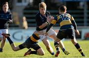 25 January 2016; Harry O’Neill, Dundalk Grammar, is tackled by Josh Morgan, left, and Craig Adams, King's Hospital. Bank of Ireland Schools Fr. Godfrey Cup, Semi-Final, King's Hospital v Dundalk Grammar. Templeville Road, Dublin. Picture credit: Seb Daly / SPORTSFILE