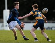 25 January 2016; Max McGloin, Dundalk Grammar, passing the ball before being tackled by Adam Bagnall, King's Hospital. Bank of Ireland Schools Fr. Godfrey Cup, Semi-Final, King's Hospital v Dundalk Grammar. Templeville Road, Dublin. Picture credit: Seb Daly / SPORTSFILE