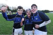 25 January 2016; Dundalk Grammar's, from left to right, Thomas Clarke, Zac Coan and Flynn Kieran celebrate after their victory over King's Hospital. Bank of Ireland Schools Fr. Godfrey Cup, Semi-Final, King's Hospital v Dundalk Grammar. Templeville Road, Dublin. Picture credit: Seb Daly / SPORTSFILE