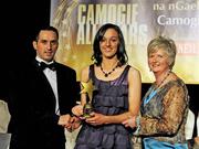 7 November 2009; Niamh McGrath, Galway, is presented with her Connacht Young Player of the Year award by Paul Brady, three times World Handball Champion, and Joan O'Flynn, President of the Camogie Association, during the 2009 Camogie All-Stars Awards, in association with O'Neills. Citywest Hotel, Conference, Leisure & Golf Resort, Dublin. Picture credit: Pat Murphy / SPORTSFILE