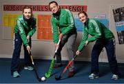 26 January 2016; Minister for Health Leo Varadkar, centre, and Hockey Ireland international players Megan Frazer, left, and Nicci Daly in attendance at a Hockey Ireland - Hockey Skills Challenge Blakestown. Scoil Mhuire, Blakestown, Dublin. Picture credit: Seb Daly / SPORTSFILE