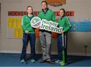 26 January 2016; Minister for Health Leo Varadkar, centre, and Hockey Ireland internationals Megan Frazer, left, and Nicci Daly in attendance at a Hockey Ireland - Hockey Skills Challenge Blakestown. Scoil Mhuire, Blakestown, Dublin. Picture credit: Seb Daly / SPORTSFILE