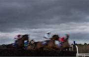 24 January 2016; Runners and riders jump the final fence during the Sandyford Handicap Steeplechase. Leopardstown Racecourse, Leopardstown, Co. Dublin. Picture credit: Brendan Moran / SPORTSFILE