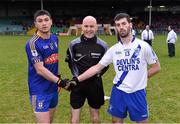 24 January 2016; Referee Liam Devenney with Ratoath captain Bobby O'Brien and St. Mary's captain Sean Cournane. AIB GAA Football All-Ireland Intermediate Club Championship, Semi-Final, St Mary's v Ratoath. Gaelic Grounds, Limerick. Picture credit: Stephen McCarthy / SPORTSFILE