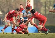 24 January 2016; Andrea Pratichetti, Benetton Treviso, is tackled by Ronan O'Mahony, CJ Stander and Tommy O'Donnell, Munster. European Rugby Champions Cup, Pool 4, Round 6, Benetton Treviso v Munster. Stadio Comunale di Monigo, Treviso, Italy. Picture credit: Diarmuid Greene / SPORTSFILE